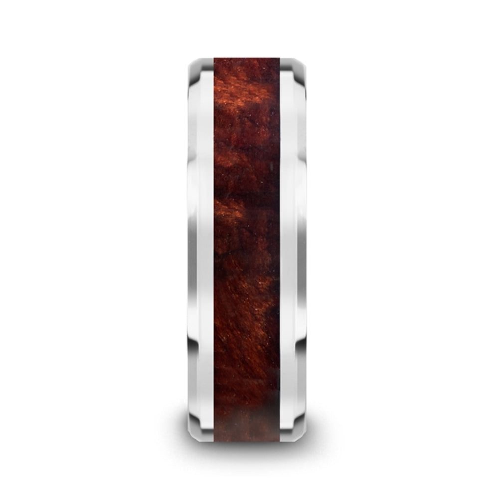 Mens Tungsten Carbide Red Wood Inlaid Wedding Ring - Beveled Comfort Fit - 8mm Wide - Style name: AUBURN