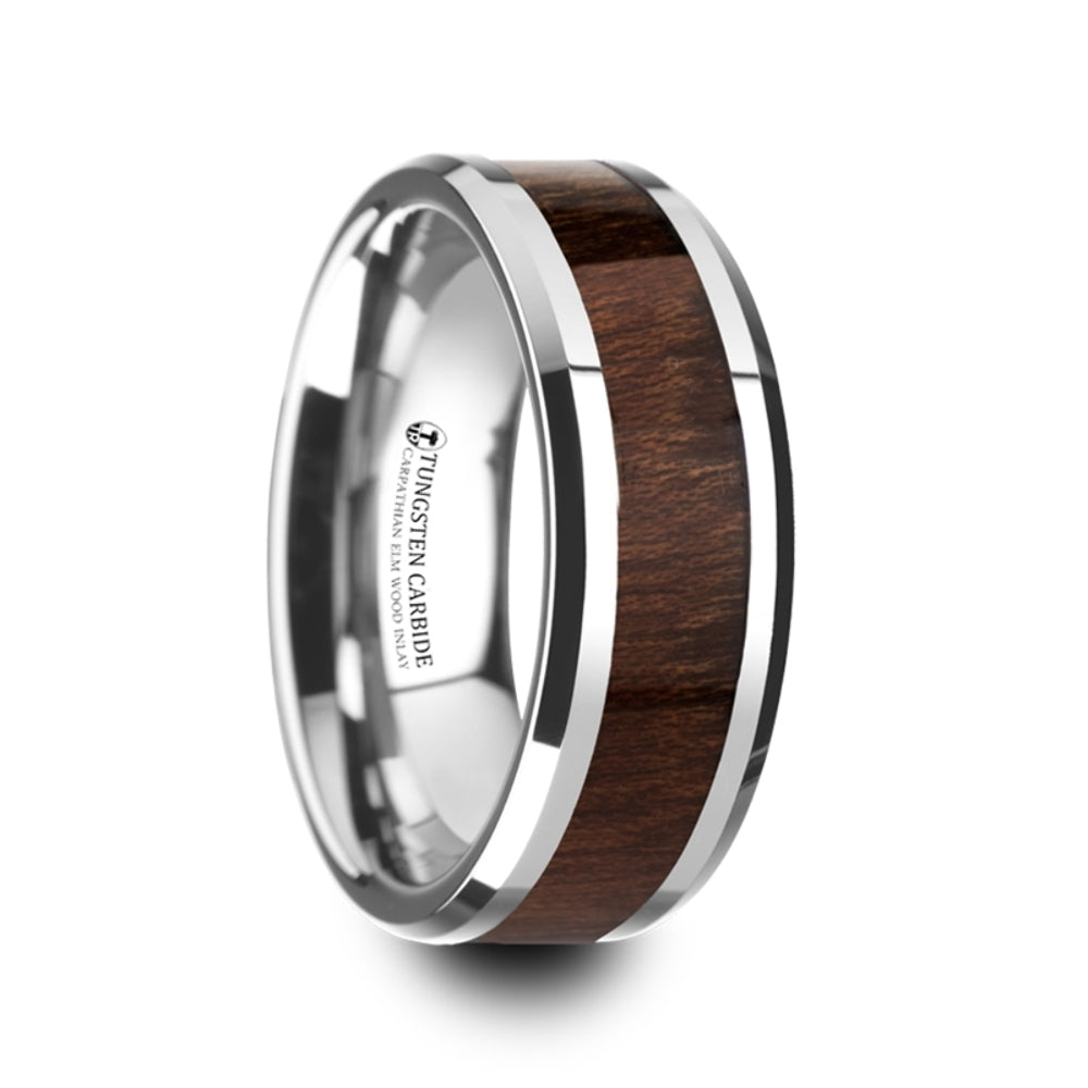 Mens Tungsten Carbide Carpathian Wood Inlaid Wedding Ring - Beveled Comfort Fit - 6mm 8mm Wide - Style name: DACIAN