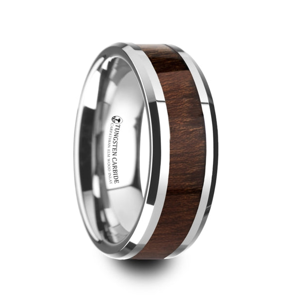 Mens Tungsten Carbide Carpathian Wood Inlaid Wedding Ring - Beveled Comfort Fit - 6mm 8mm Wide - Style name: DACIAN