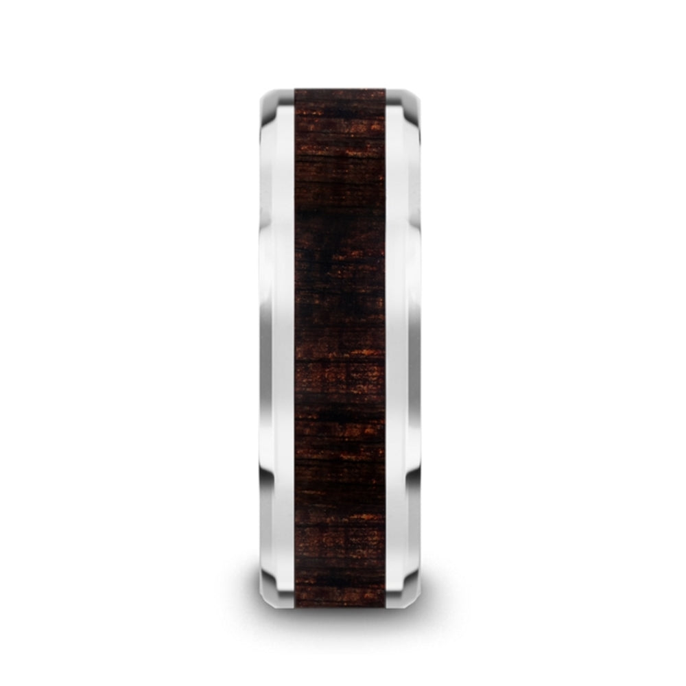 Mens Tungsten Carbide Ebony Wood Inlaid Wedding Ring - Beveled Comfort Fit - 8mm Wide - Style name: ARCANE