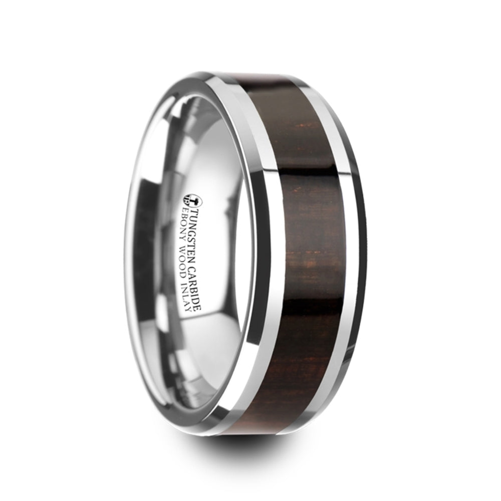 Mens Tungsten Carbide Ebony Wood Inlaid Wedding Ring - Beveled Comfort Fit - 8mm Wide - Style name: ARCANE