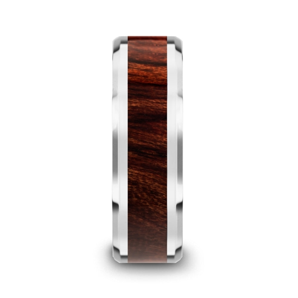 Mens Tungsten Carbide Bubinga Wood Inlaid Wedding Ring - Beveled Comfort Fit - 8mm Wide - Style name: KEVAZ