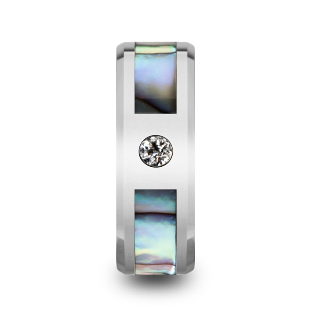 Mens Tungsten Carbide Mother of Pearl Inlay White Diamond Wedding Ring - Beveled Comfort Fit - 8mm Wide - Style name: HONOLULU