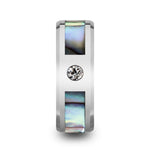Load image into Gallery viewer, Mens Tungsten Carbide Mother of Pearl Inlay White Diamond Wedding Ring - Beveled Comfort Fit - 8mm Wide - Style name: HONOLULU
