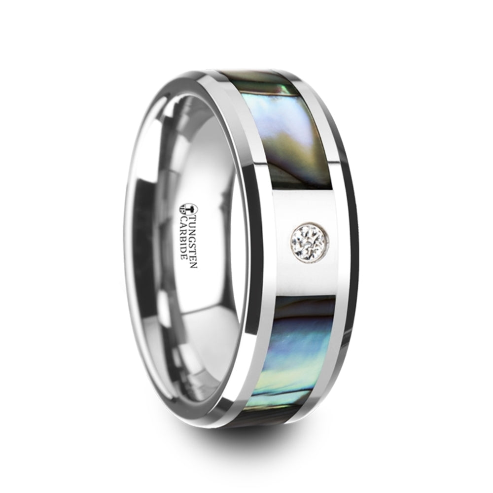 Mens Tungsten Carbide Mother of Pearl Inlay White Diamond Wedding Ring - Beveled Comfort Fit - 8mm Wide - Style name: HONOLULU