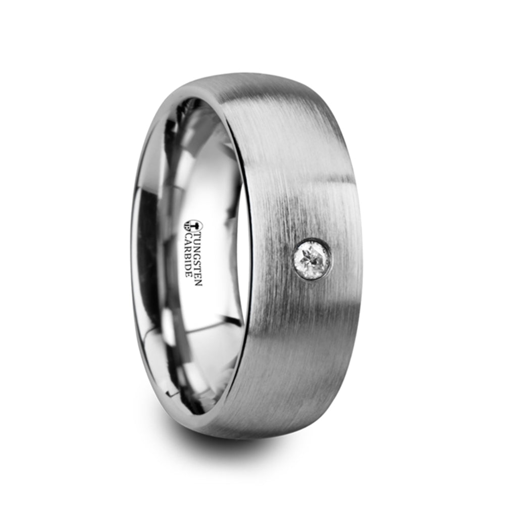 Mens Tungsten Carbide White Diamond Domed Wedding Ring - Brushed Comfort Fit - 6mm 8mm Wide - Style name: PEGASUS