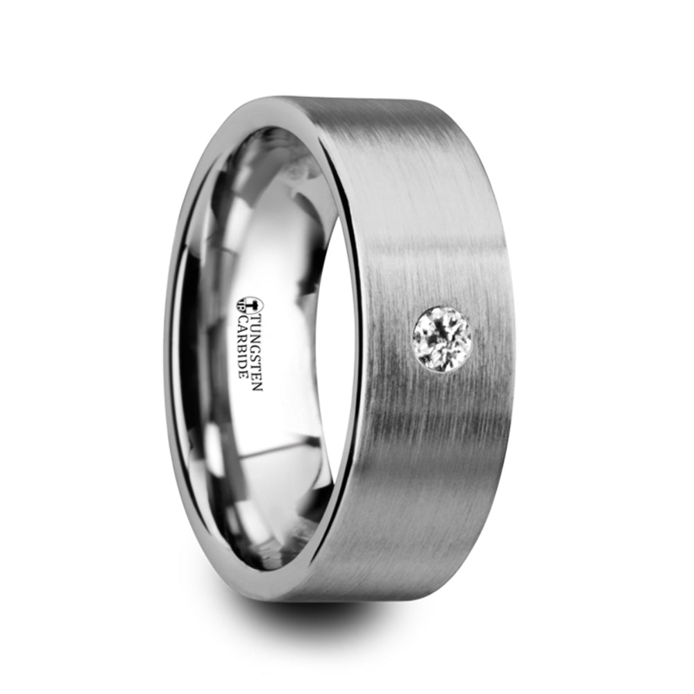Mens Tungsten Carbide White Diamond Wedding Ring - Flat Brushed Comfort Fit - 6mm 8mm Wide - Style name: OLYMPUS