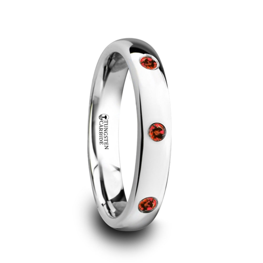 Mens Domed Tungsten Carbide Red Rubies Setting Wedding Ring - Polished Comfort Fit - 4mm Wide - Style name: MAERA