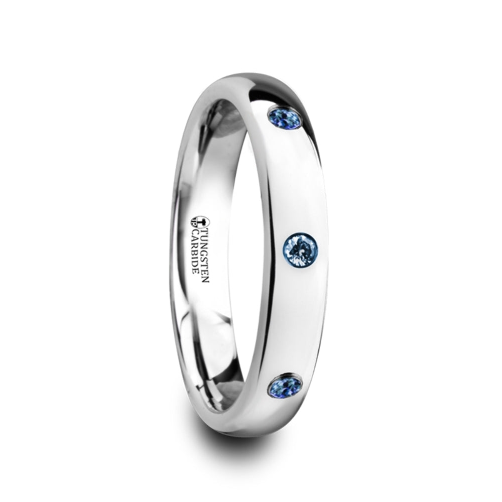 Mens Domed Tungsten Blue Sapphires Wedding Ring - Polished Comfort Fit - 4mm Wide - Style name: HALIA