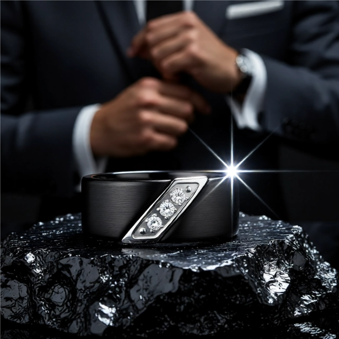 Mens Flat Black Tungsten Carbide Diagonal Diamonds Set in Stainless Steel Wedding Ring - Satin Finished Comfort Fit - 8mm Wide - Style name: LIAM