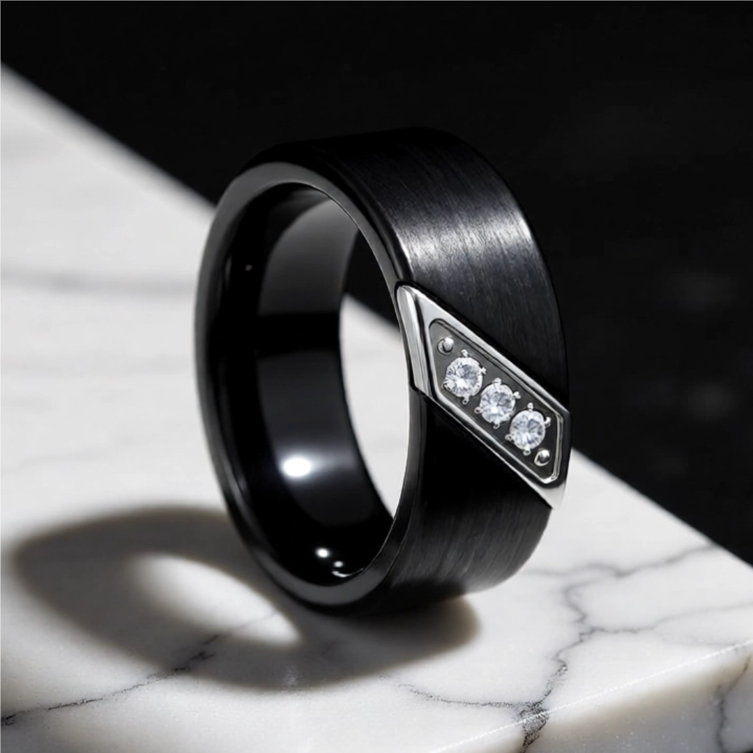 Mens Flat Black Tungsten Carbide Diagonal Diamonds Set in Stainless Steel Wedding Ring - Satin Finished Comfort Fit - 8mm Wide - Style name: LIAM