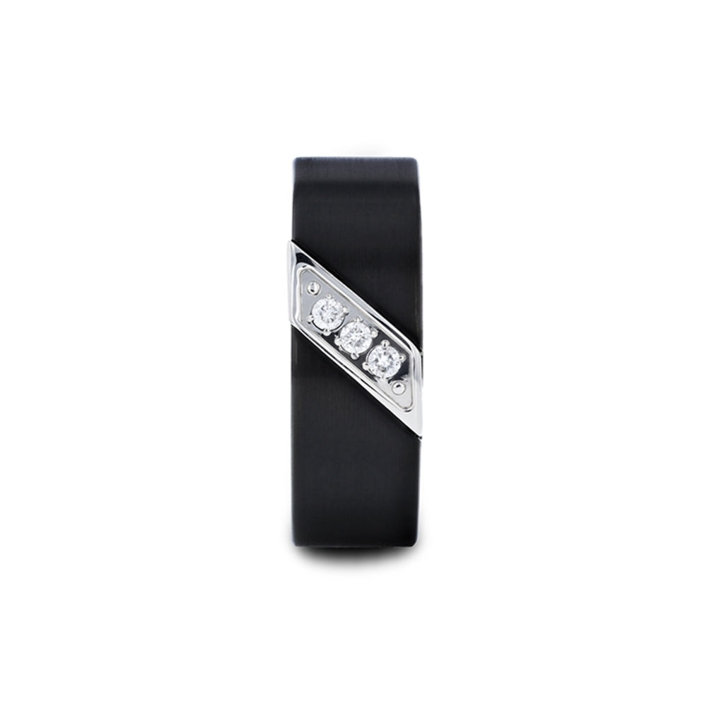 Mens Flat Black Tungsten Carbide Diagonal Diamonds Set in Stainless Steel Wedding Ring - Satin Finished Comfort Fit - 8mm Wide - Style name: LIAM