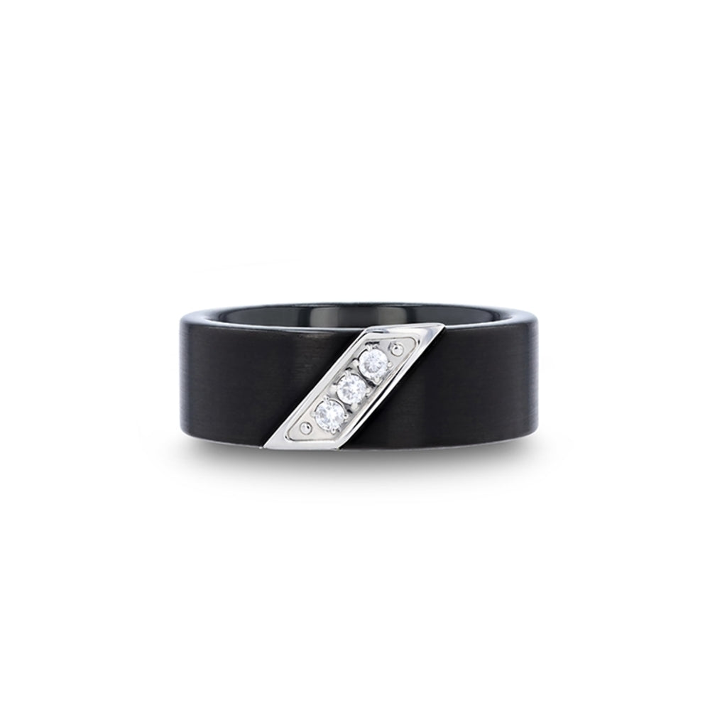 Mens Flat Black Tungsten Carbide Diagonal Diamonds Set in Stainless Steel Wedding Ring - Satin Finished Comfort Fit - 8mm Wide - Style name: LIAM