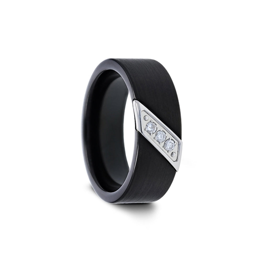 Mens Flat Black Tungsten Carbide Diagonal Diamonds Set in Stainless Steel Wedding Ring - Satin Finished Comfort Fit - 8mm Wide - Style name: LIAM