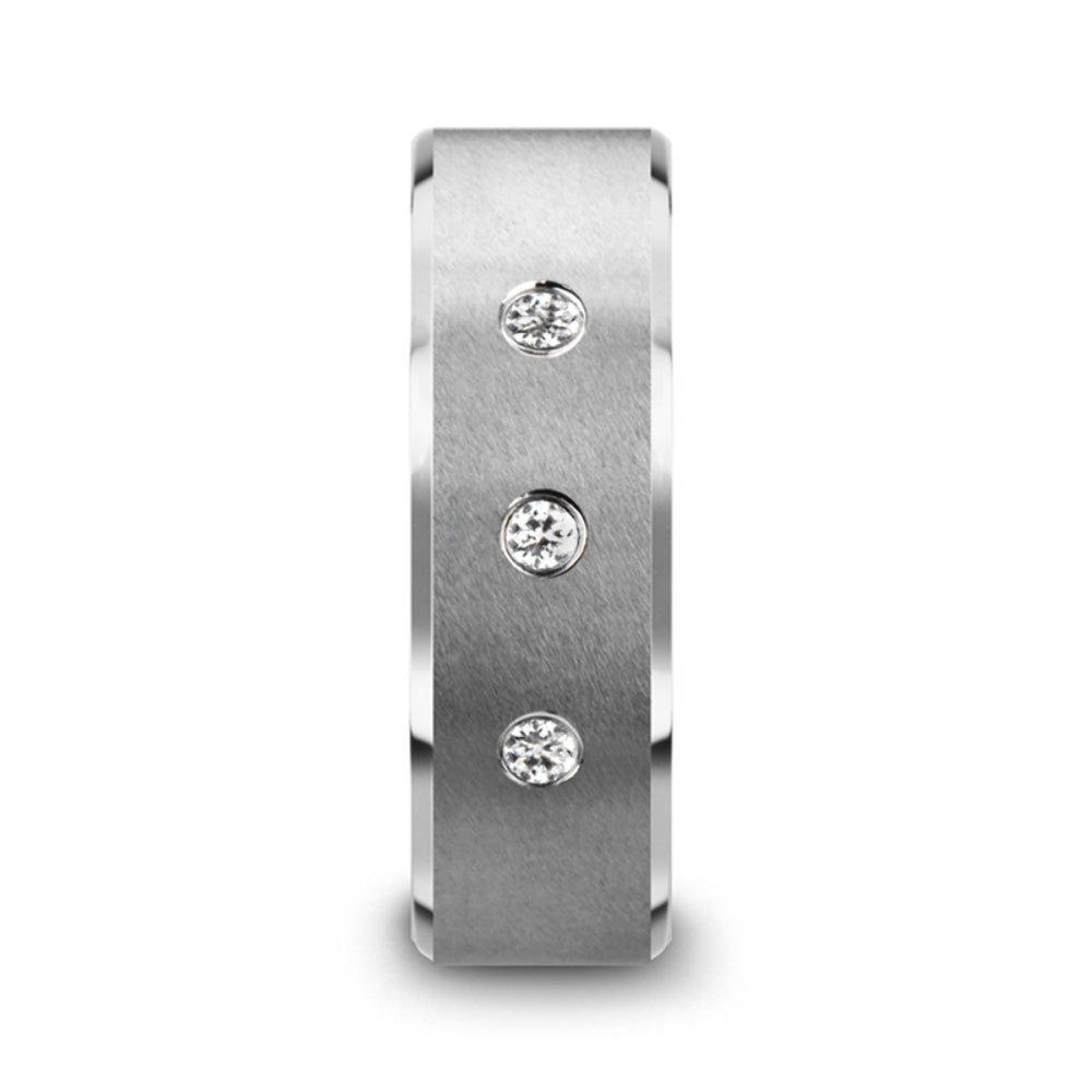 Mens Tungsten 3 White Diamond Setting Satin Finish Wedding Ring - Beveled Comfort Fit - 8mm Wide - Style name: SAMUEL