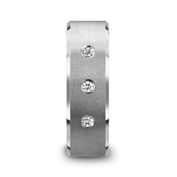 Mens Tungsten 3 White Diamond Setting Satin Finish Wedding Ring - Beveled Comfort Fit - 8mm Wide - Style name: SAMUEL
