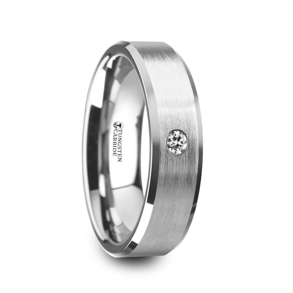 Mens Tungsten White Diamond Setting Wedding Ring - Beveled Brushed Comfort Fit - 6mm 8mm Wide - Style name: PORTER