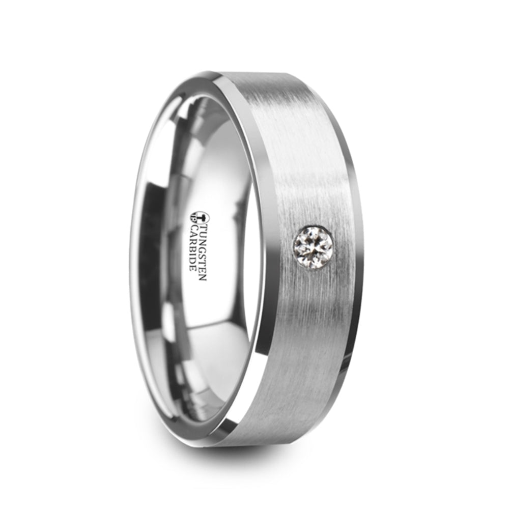 Mens Tungsten White Diamond Setting Wedding Ring - Beveled Brushed Comfort Fit - 6mm 8mm Wide - Style name: PORTER