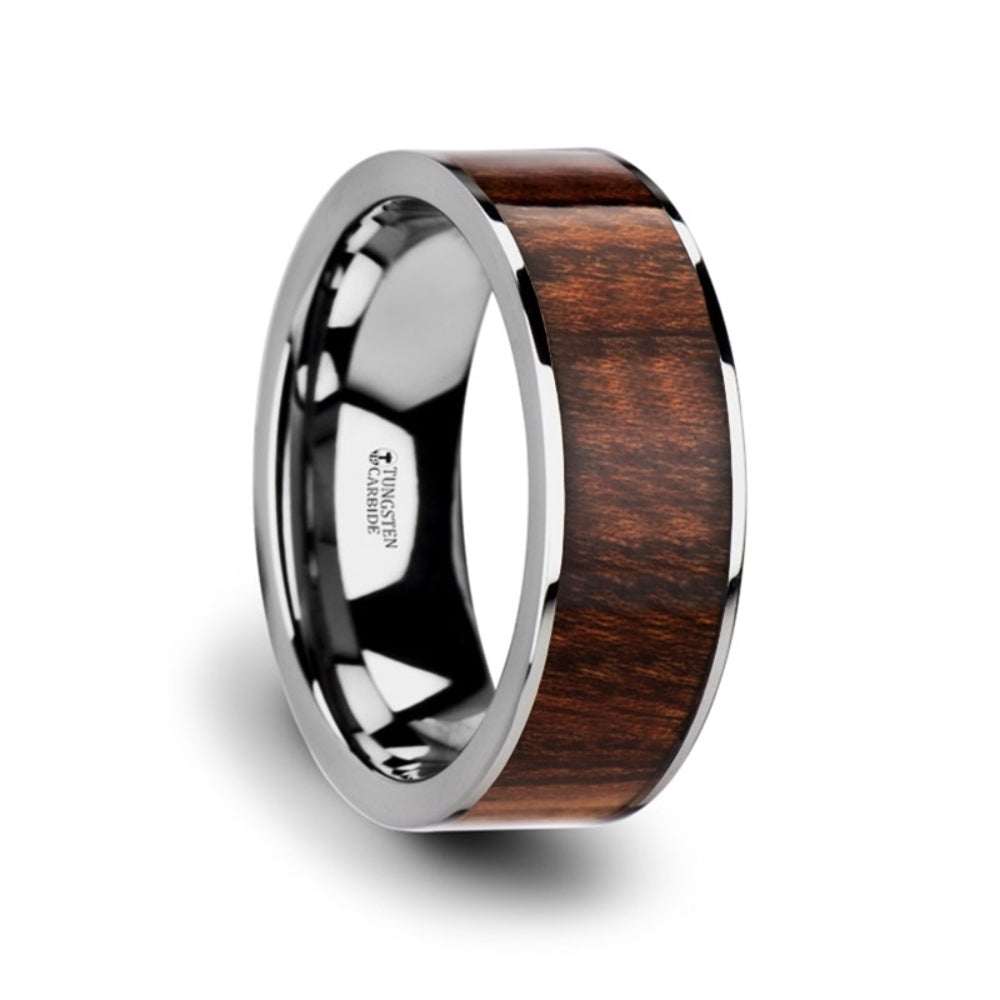 Mens Flat Tungsten Carbide Carpathian Wood Inlaid Wedding Ring - Polished Edged Comfort Fit - 8mm Wide - Style name: THRACO