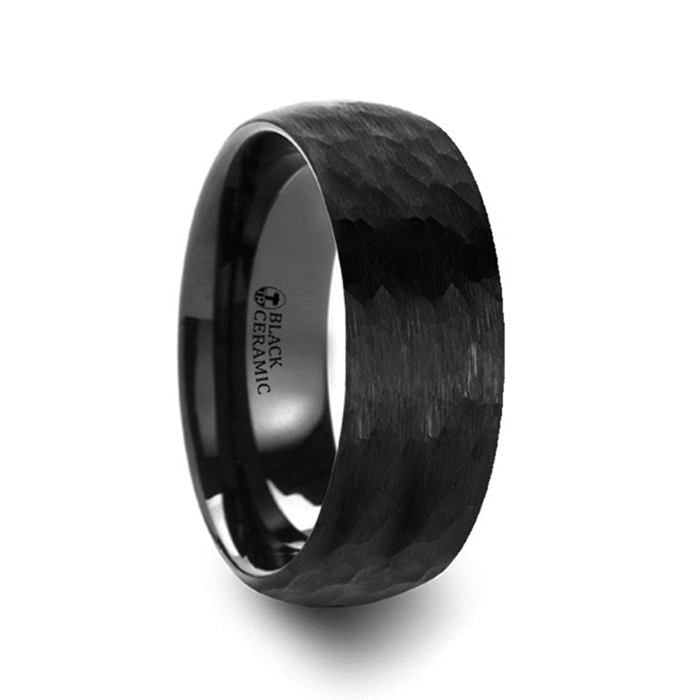 Mens Black Ceramic Domed Hammer Finish Wedding Ring - Brushed Comfort Fit - 6mm 8mm Wide - Style name: RAGNAROK
