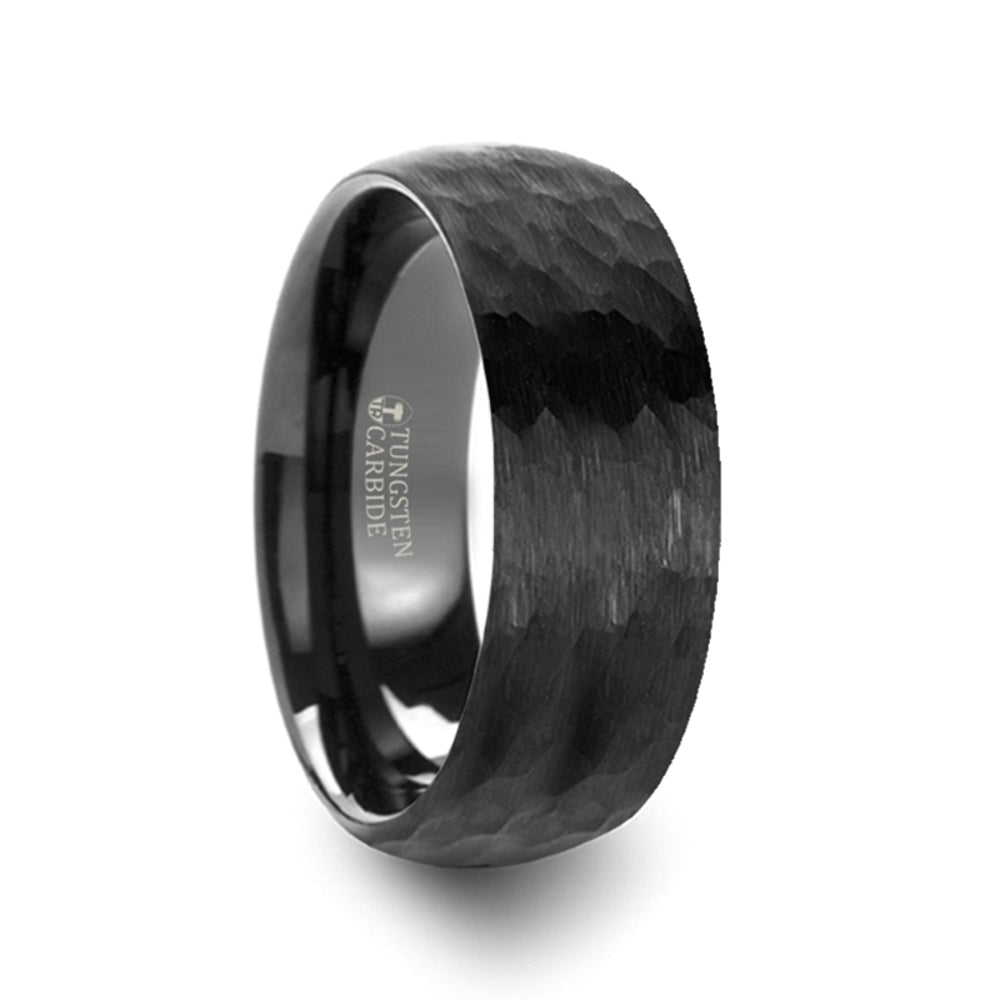 Mens Tungsten Carbide Domed Hammer Finish Black Wedding Ring - Brushed Finish Comfort Fit - 6mm 8mm Wide - Style name: RENEGADE