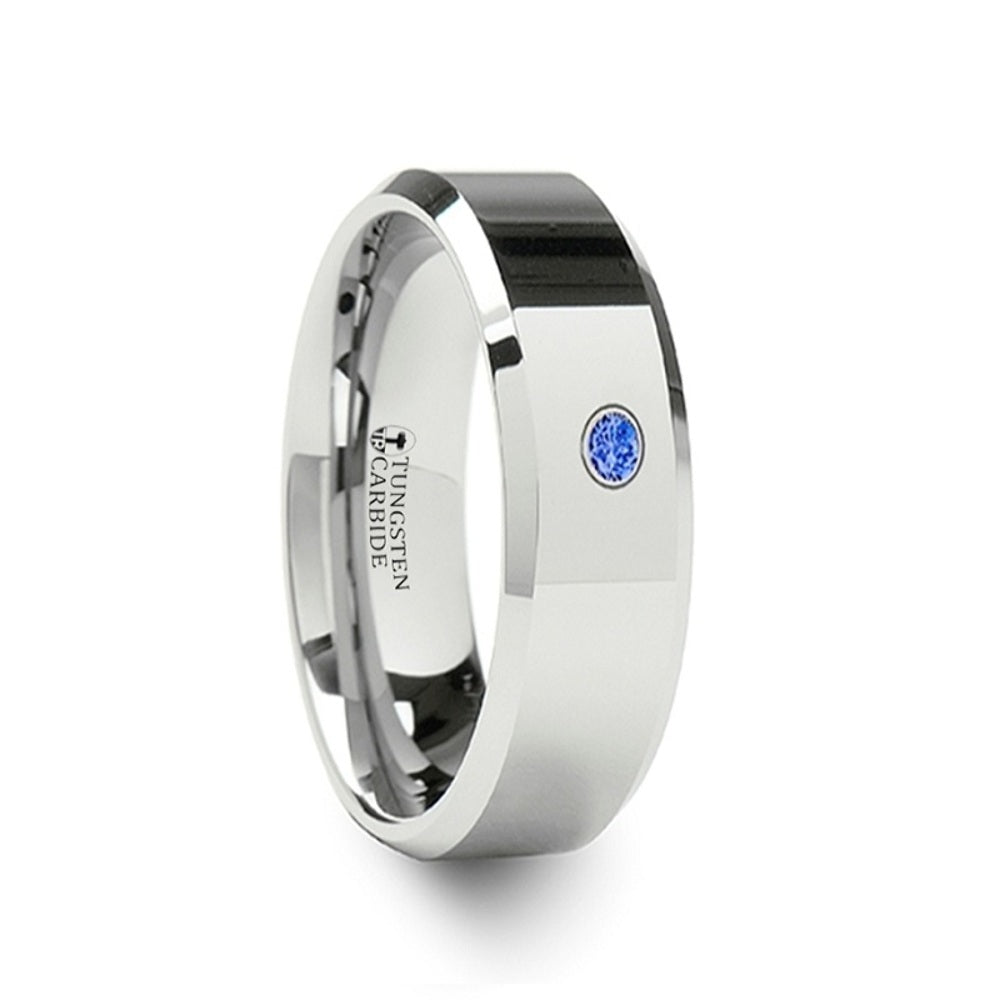 Mens Tungsten Blue Diamond Wedding Ring - Beveled Brushed Comfort Fit - 6mm 8mm Wide - Style name: KENSINGTON