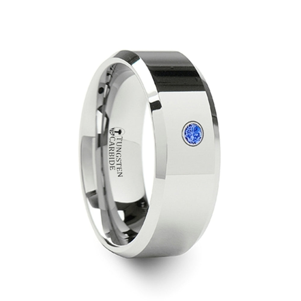 Mens Tungsten Blue Diamond Wedding Ring - Beveled Brushed Comfort Fit - 6mm 8mm Wide - Style name: KENSINGTON