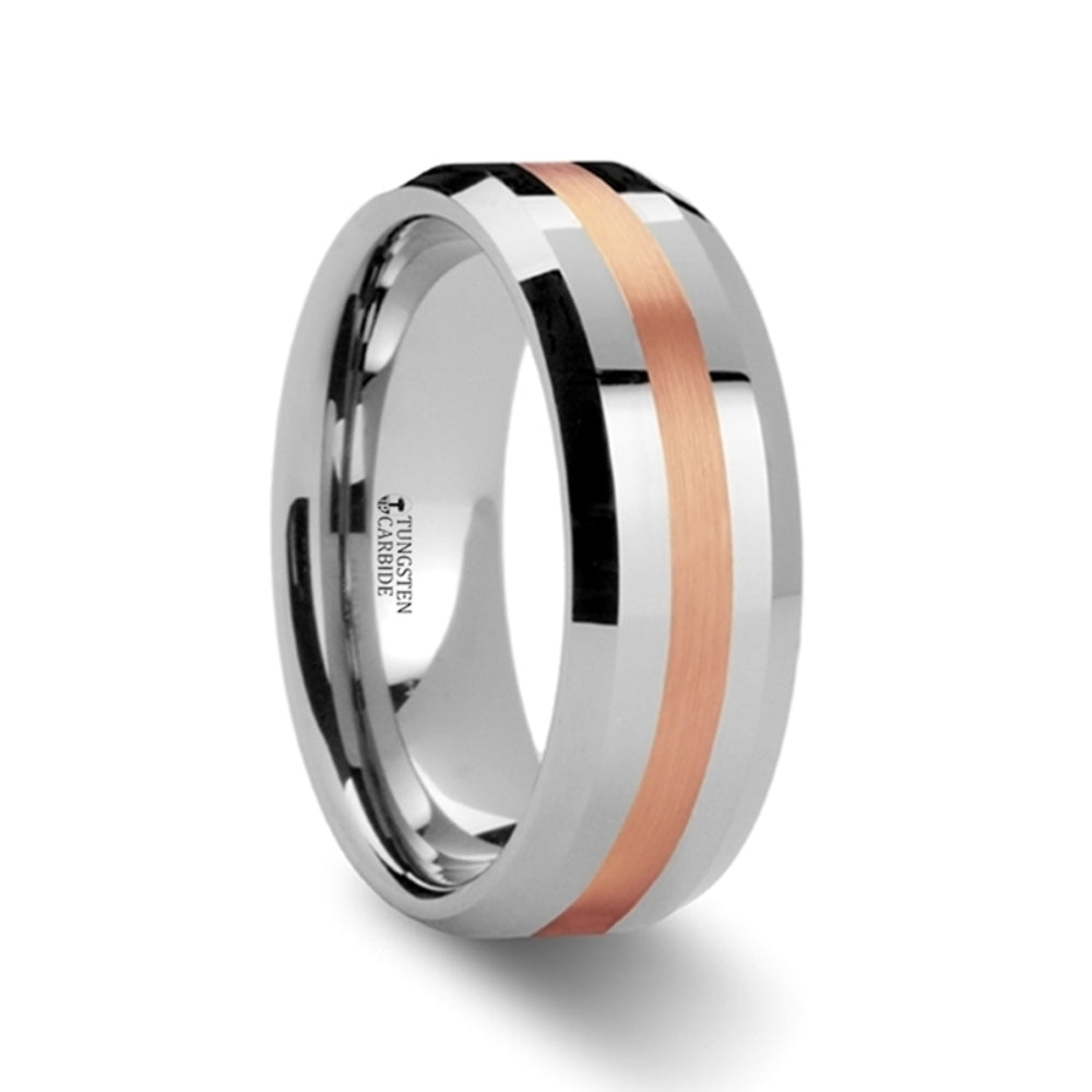 Mens Tungsten Carbide Rose Gold Inlaid Wedding Ring - Beveled Comfort Fit - 6mm 8mm Wide - Style name: CHIRON