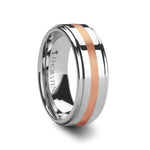 Load image into Gallery viewer, Mens Tungsten Carbide Rose Gold Inlaid Wedding Ring - Raised Center Comfort Fit - 8mm Wide - Style name: NICOLAUS
