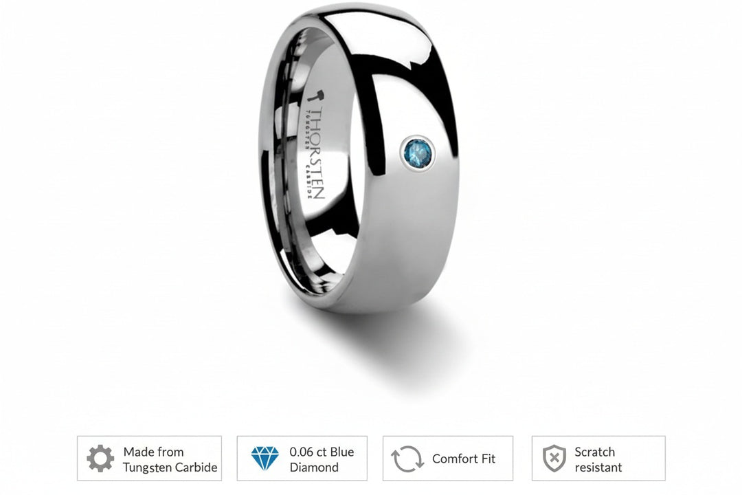 Mens Tungsten Carbide Blue Diamond Wedding Ring - Domed Comfort Fit - 6mm 8mm Wide - Style name: BUCKINGHAM