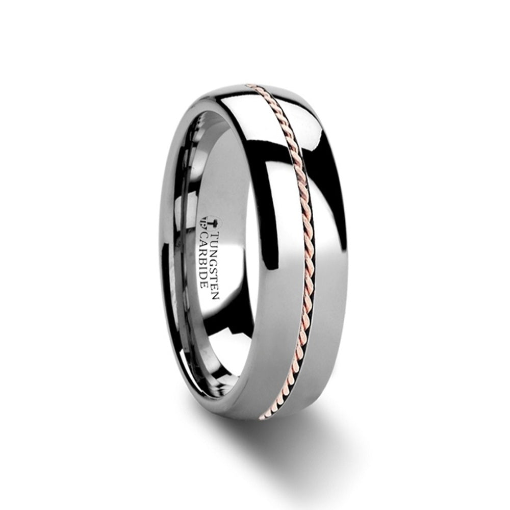 Mens Tungsten Carbide Braided 14k Rose Gold Inlay Wedding Ring - Domed Comfort Fit - 6mm 8mm Wide - Style name: ROSSMOOR
