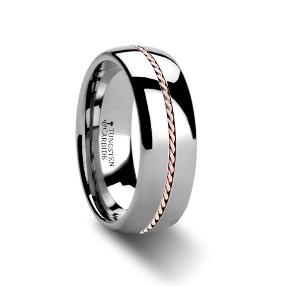 Mens Tungsten Carbide Braided 14k Rose Gold Inlay Wedding Ring - Domed Comfort Fit - 6mm 8mm Wide - Style name: ROSSMOOR