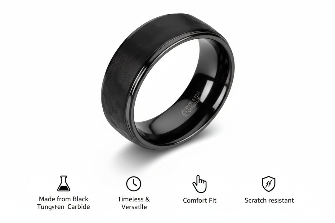 Mens Tungsten Carbide aised Hammer Finish Step Edge Wedding Ring - Brushed Finish Comfort Fit - 6mm 8mm Wide - Style name: REBEL