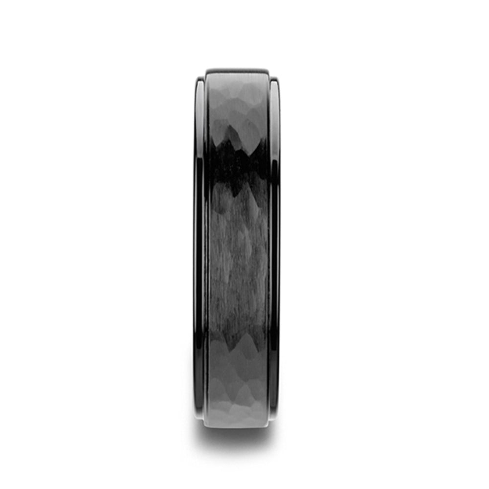 Mens Black Ceramic raised Hammer Finish Step Edge Wedding Ring - Brushed Finish Comfort Fit - 6mm 8mm Wide - Style name: WARRIOR