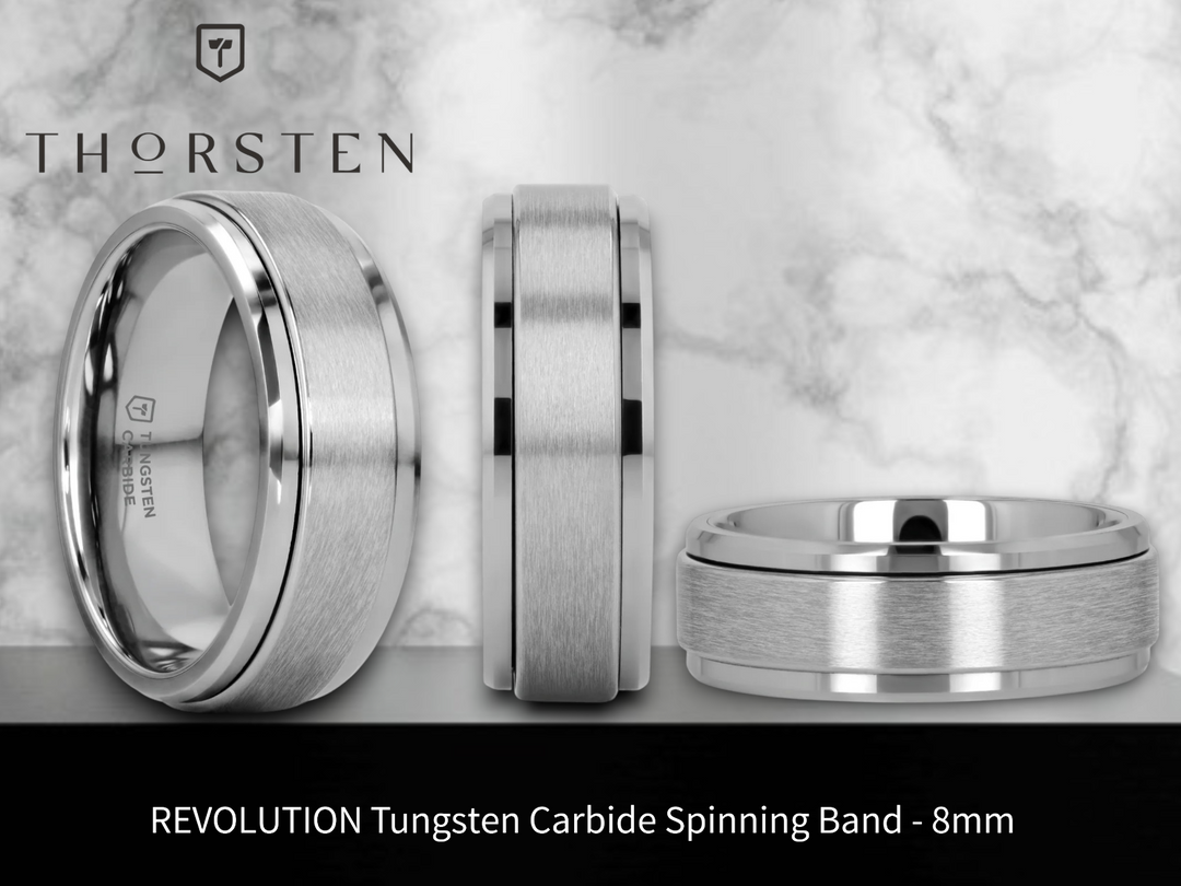 Mens Tungsten Carbide Spinning Wedding Ring - Brushed Comfort Fit - 8mm Wide - Style name: REVOLUTION