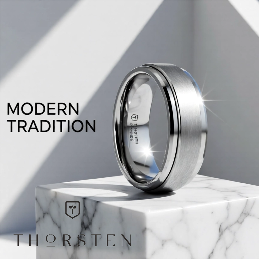 Mens Tungsten Carbide Spinning Wedding Ring - Brushed Comfort Fit - 8mm Wide - Style name: REVOLUTION