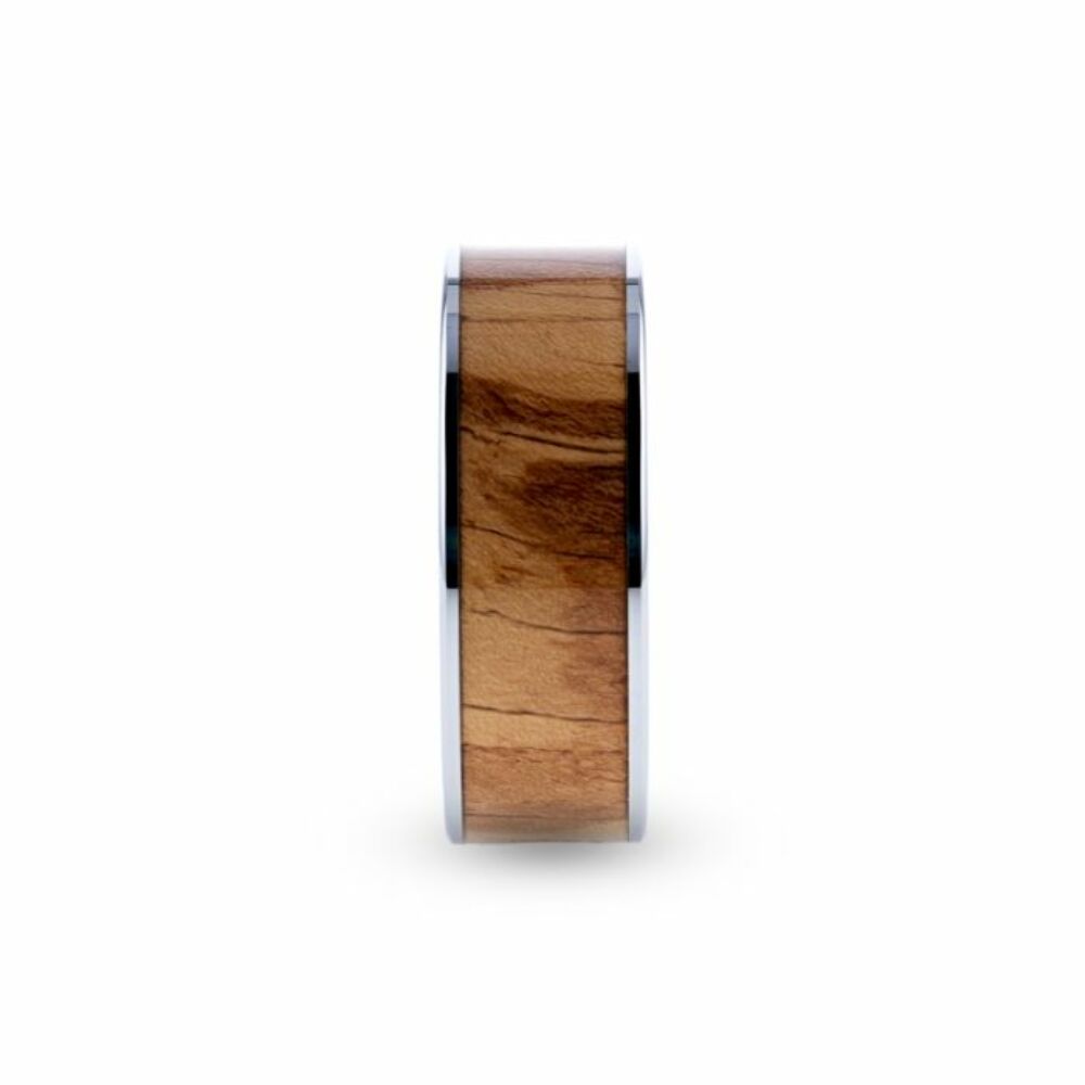 Mens Tungsten Carbide Olive Wood Inlaid Wedding Ring - Flat Polished Comfort Fit - 8mm Wide - Style name: OLIVASTER