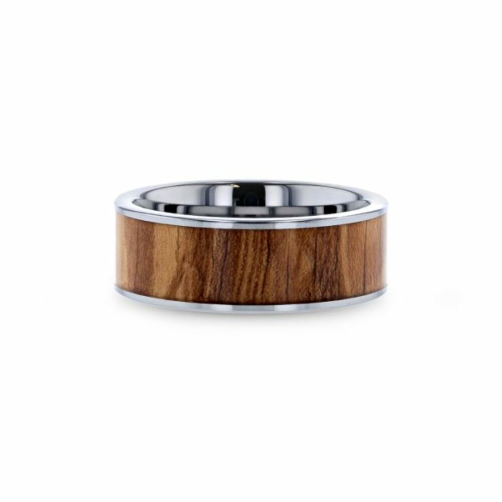 Mens Tungsten Carbide Olive Wood Inlaid Wedding Ring - Flat Polished Comfort Fit - 8mm Wide - Style name: OLIVASTER