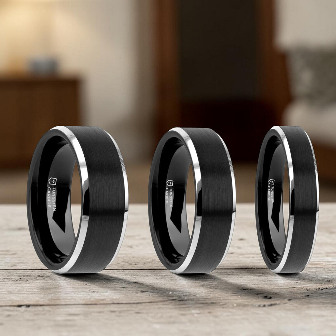 Mens Tungsten Carbide Black Brushed Center Wedding Ring - Polished Beveled Edges Comfort Fit - 4mm 6mm 7mm 8mm 10mm Wide - Style name: ASTON