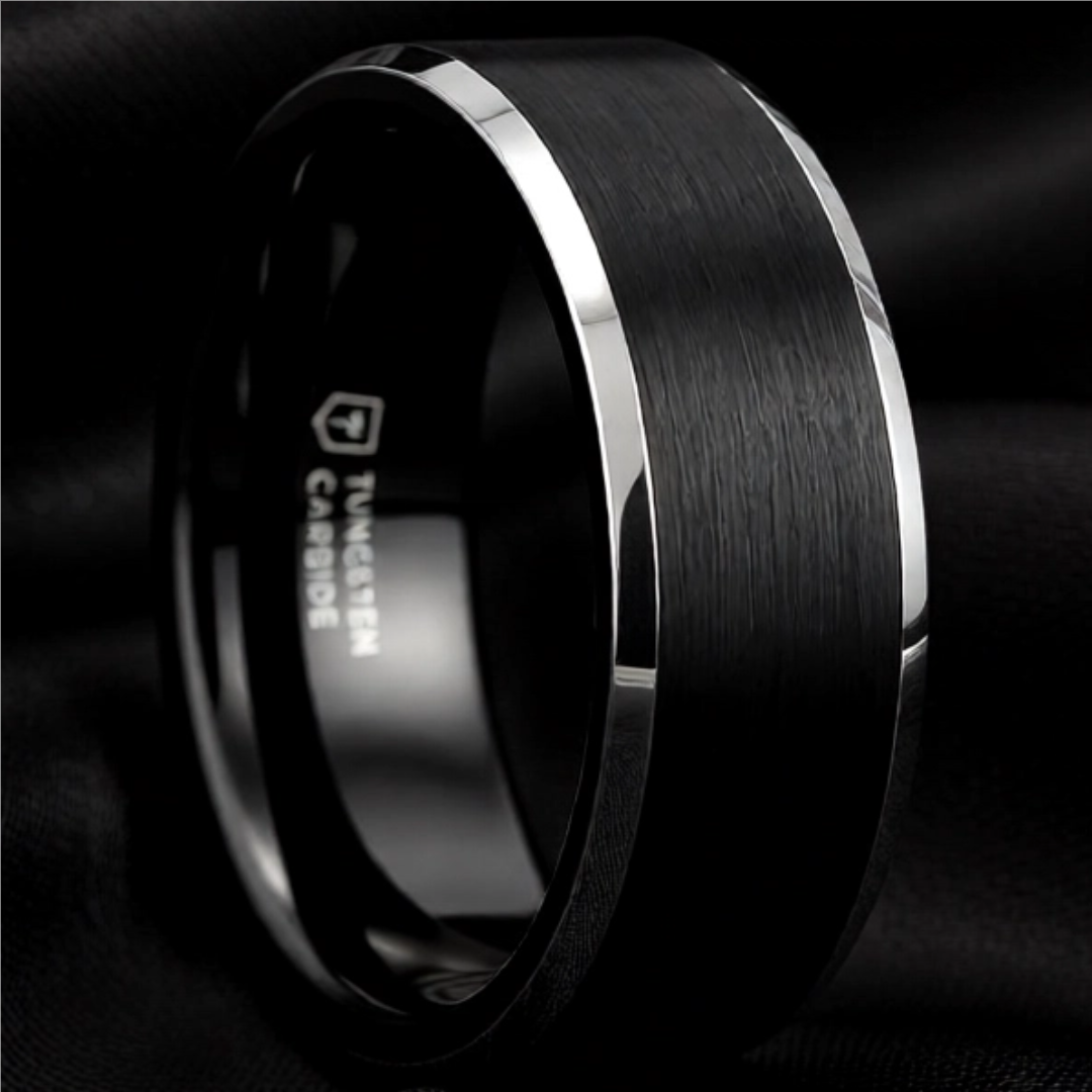 Mens Tungsten Carbide Black Brushed Center Wedding Ring - Polished Beveled Edges Comfort Fit - 4mm 6mm 7mm 8mm 10mm Wide - Style name: ASTON