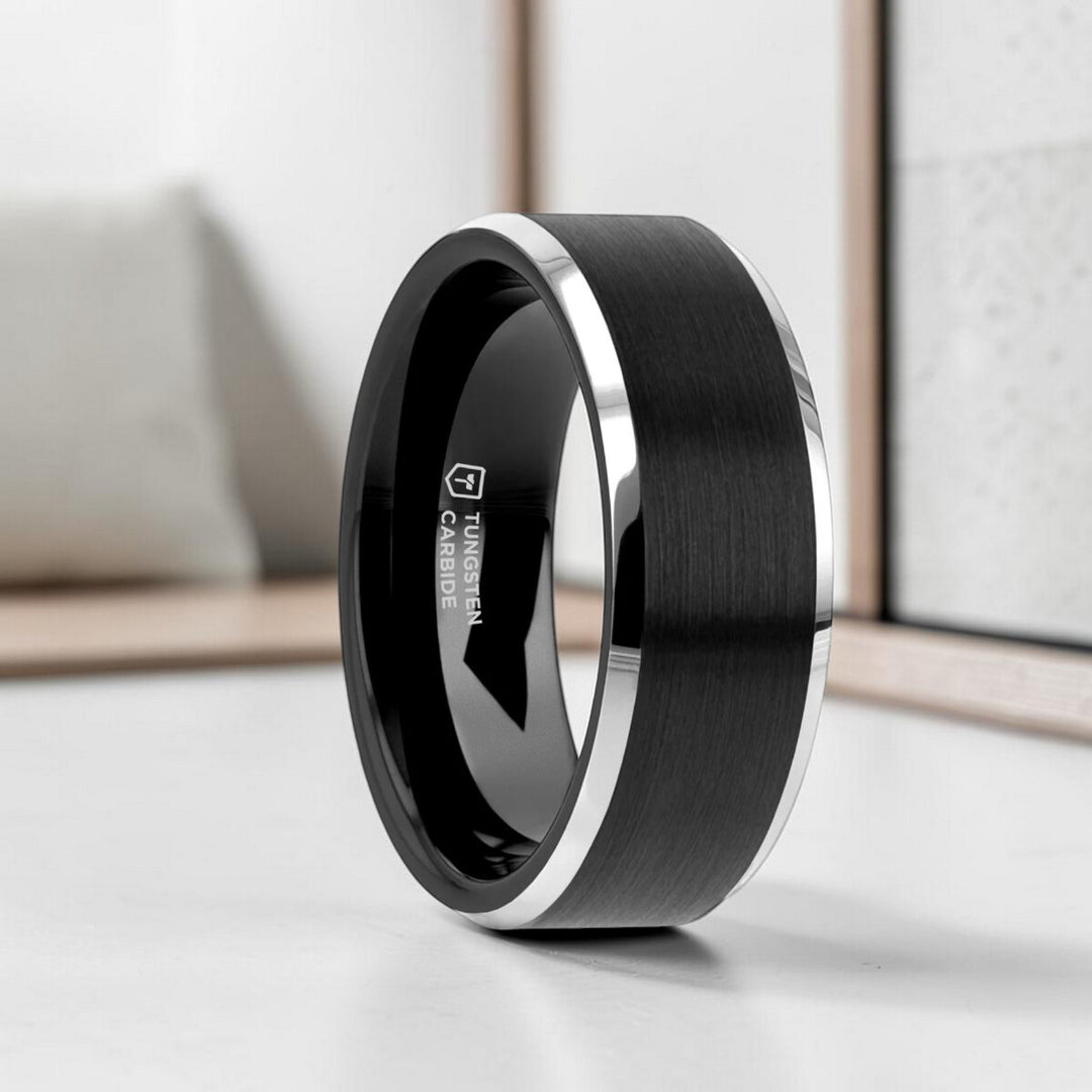 Mens Tungsten Carbide Black Brushed Center Wedding Ring - Polished Beveled Edges Comfort Fit - 4mm 6mm 7mm 8mm 10mm Wide - Style name: ASTON