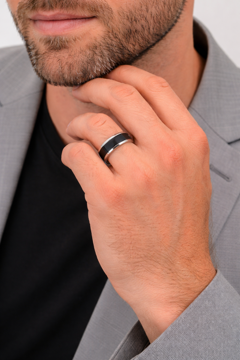 Mens Tungsten Carbide Black Brushed Center Wedding Ring - Polished Beveled Edges Comfort Fit - 4mm 6mm 7mm 8mm 10mm Wide - Style name: ASTON