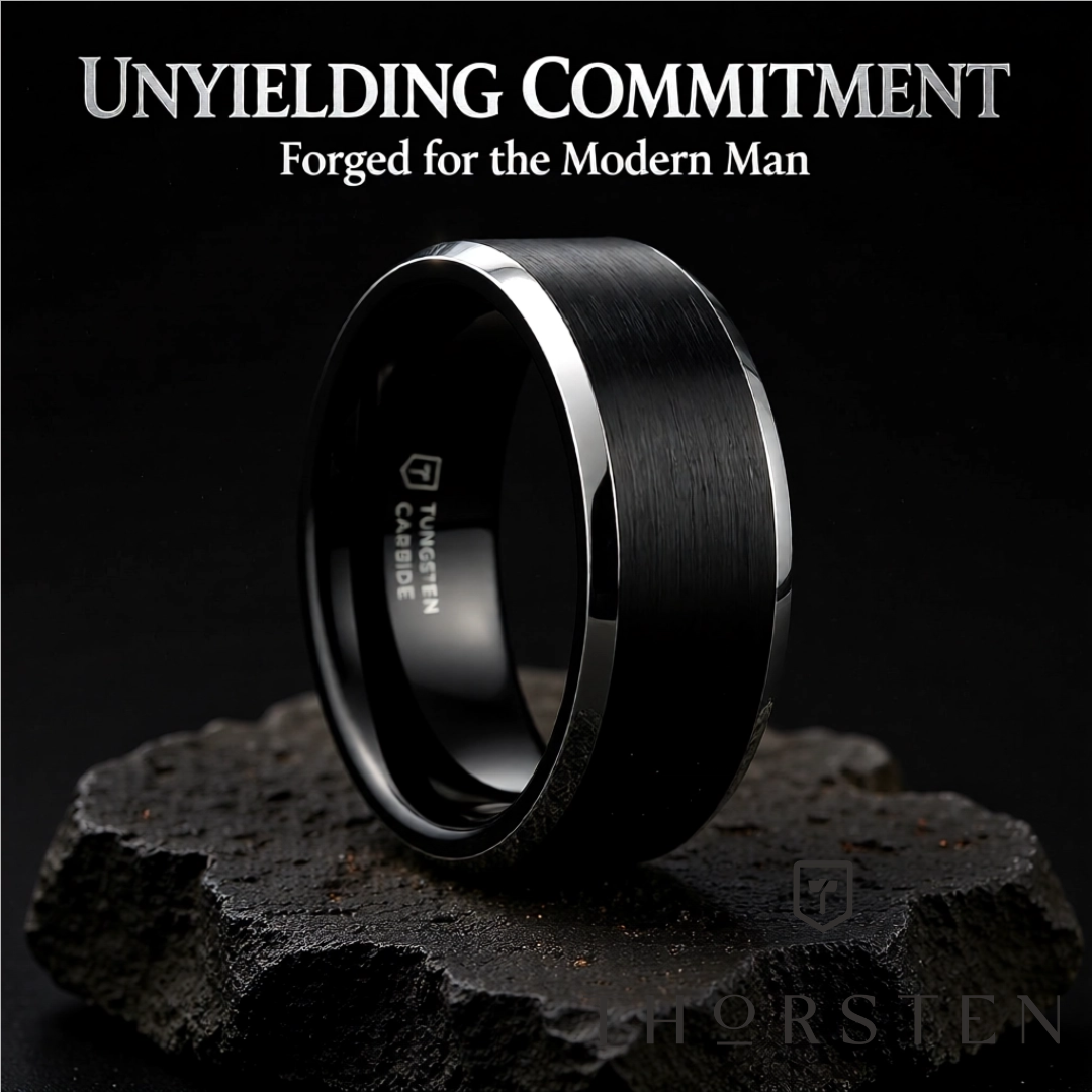 Mens Tungsten Carbide Black Brushed Center Wedding Ring - Polished Beveled Edges Comfort Fit - 4mm 6mm 7mm 8mm 10mm Wide - Style name: ASTON