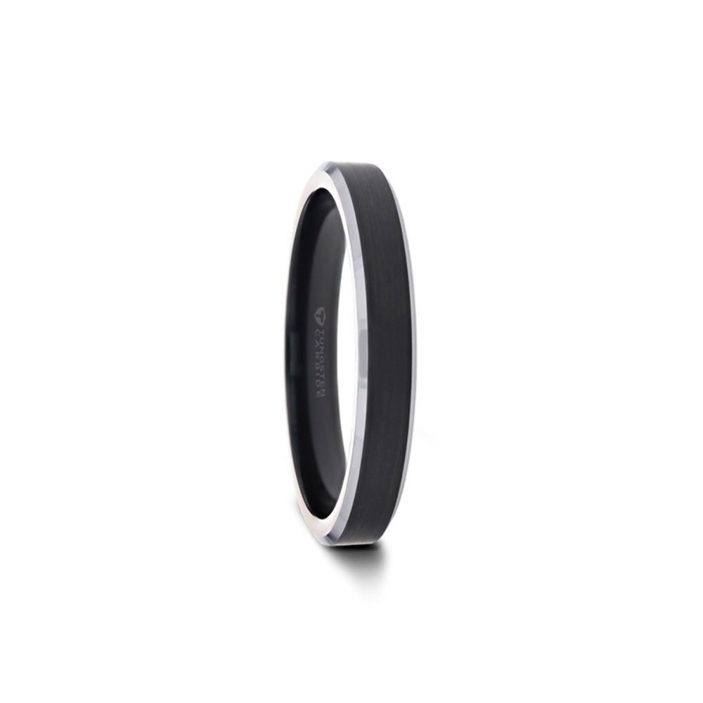 Mens Tungsten Carbide Black Brushed Center Wedding Ring - Polished Beveled Edges Comfort Fit - 4mm 6mm 7mm 8mm 10mm Wide - Style name: ASTON