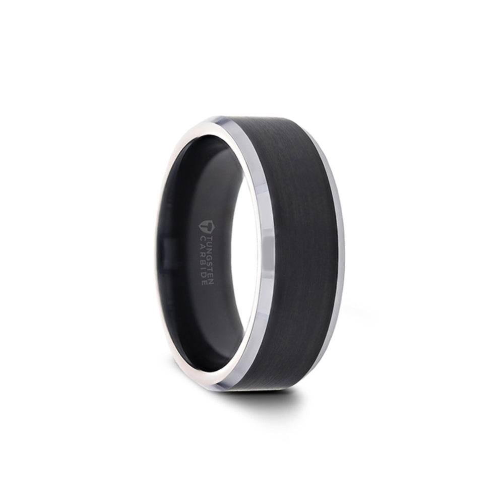 Mens Tungsten Carbide Black Brushed Center Wedding Ring - Polished Beveled Edges Comfort Fit - 4mm 6mm 7mm 8mm 10mm Wide - Style name: ASTON