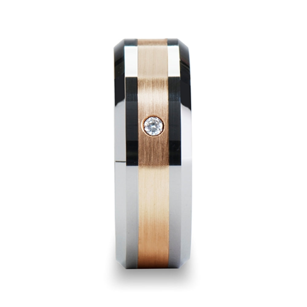 Mens Tungsten Carbide Rose Gold Inlaid Diamond Wedding Ring - Beveled Comfort Fit - 8mm Wide - Style name: ENZO