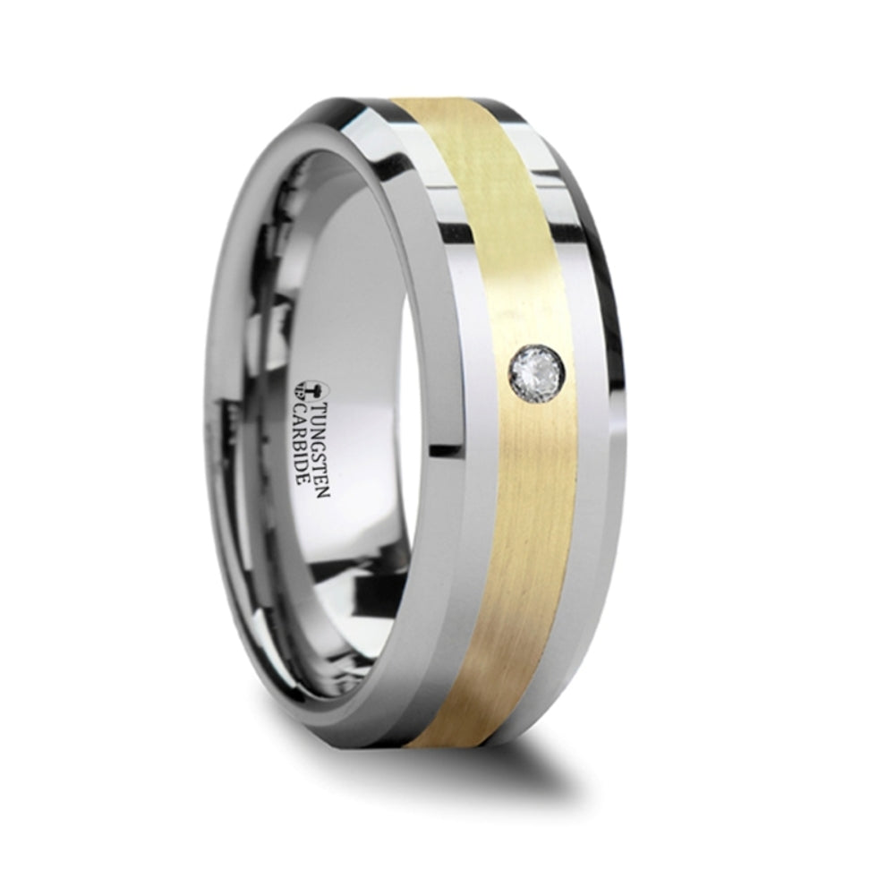 Mens Tungsten Carbide 14K Gold Inlaid Diamond Wedding Ring - Beveled Comfort Fit - 8mm Wide - Style name: FABIAN