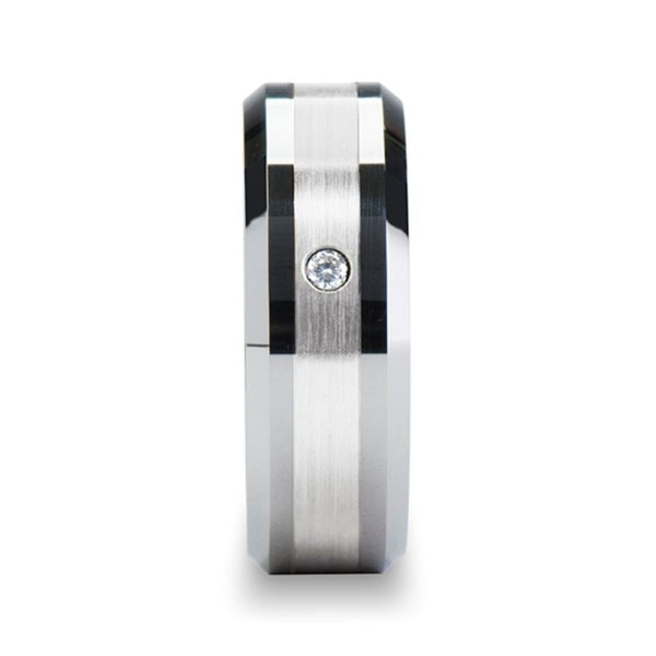 Mens Tungsten Silver Inlaid Diamond Wedding Ring - Beveled Comfort Fit - 8mm Wide - Style name: LEOPOLD