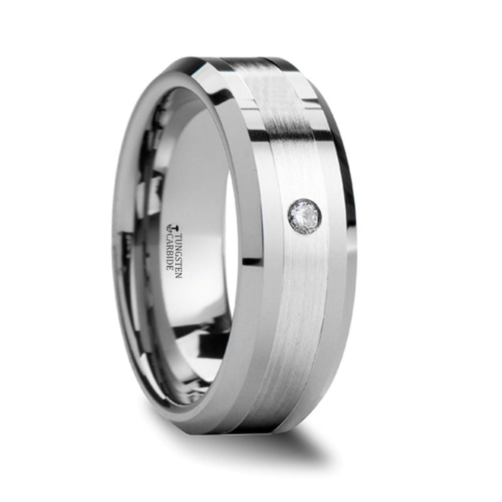 Mens Tungsten Silver Inlaid Diamond Wedding Ring - Beveled Comfort Fit - 8mm Wide - Style name: LEOPOLD