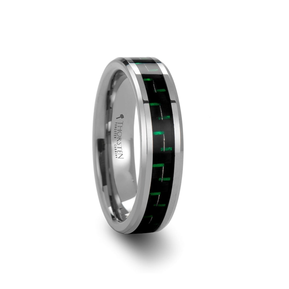 Mens Tungsten Carbide Wedding Ring - Black & Green Carbon Fiber Inlay Comfort Fit - 6mm 8mm 10mm Wide - Style name: ATRONIUS